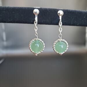 Clip on Green Aventurine Earring Set in Green with Silver Tone Backs Handmade